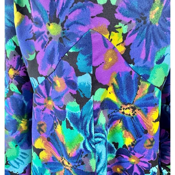 Vintage 70s dress, blue, teal, purple, yellow floral print, funky maxi, ruffled - Picture 4 of 10